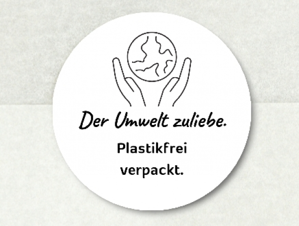 Sticker Aufkleber "Der Umwelt zuliebe. Plastikfrei verpackt" schwarz weiß 5cm rund